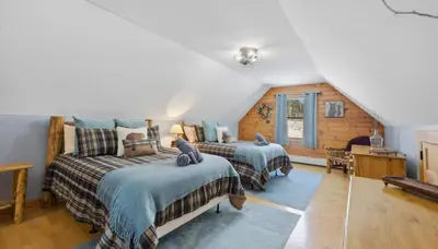 a bedroom with two beds with cats on them at Amazing Views Hot Tub Fire Pit Game Room in Ashland