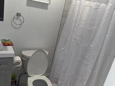 a bathroom with a toilet and a shower curtain at Exclusive Home in Newark