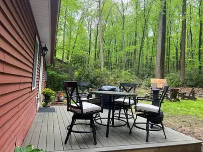 a patio with a table and chairs on a deck at Sullivan Trail Cottage in Tannersville