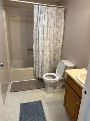 a bathroom with a toilet and a shower curtain at FOR LONGTERM RENTAL 3 BR NEAR YALE SCIENCE CENTER-MUNSON St in New Haven