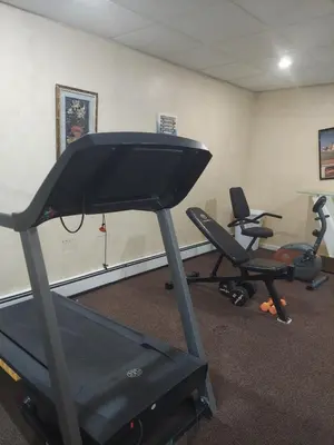 a gym with two exercise bikes and a treadmill at Ethereal Haven in West Milford