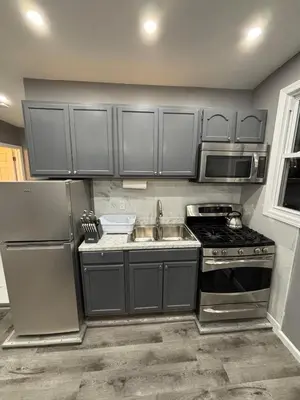 a kitchen with gray cabinets and a sink and a stove at The loft 2 bedroom apartment in Newark