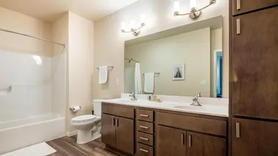 a bathroom with a sink and a toilet and a mirror at Landing Apartments - The Preserve at Great Pond in Windsor