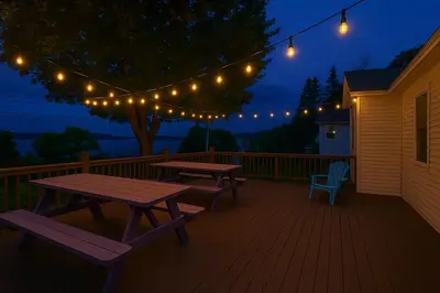 a deck with picnic tables and lights on a house at The Saratoga Beachhouse in Saratoga Springs