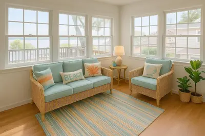 a living room with a couch and two chairs at The Saratoga Beachhouse in Saratoga Springs