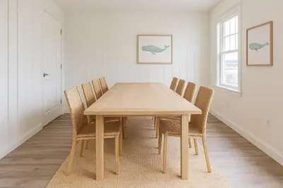 a dining room with a wooden table and chairs at The Saratoga Beachhouse in Saratoga Springs