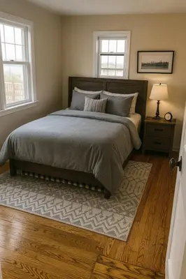 a bedroom with a bed with a rug and two windows at The Saratoga Beachhouse in Saratoga Springs