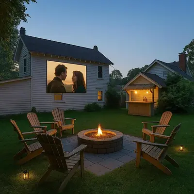 a fire pit in a yard with a picture of a couple at The Saratoga Beachhouse in Saratoga Springs