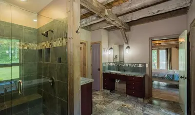 a bathroom with a shower and a sink at Moonrise Rest A Historic Mohawk Valley Retreat in Schenectady