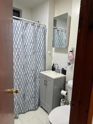 a bathroom with a shower and a sink and a toilet at Private Room 15 Mins to Times Square NYC in West New York