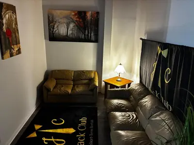 a living room with a leather couch and a table at a whole house in Schenectady