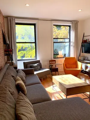 a living room with a couch and a tv at Elegant Historic Harlem Townhouse Apartments for Summer in New York