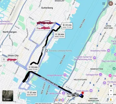 a map of a road with a red marker at Easy Access to Times Square and Metlife Stadium Free Parking in West New York