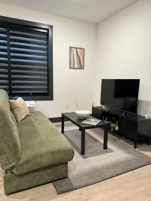 a living room with a couch and a table and a tv at Free Indoor Parking 25 Minutes to NYC in West New York