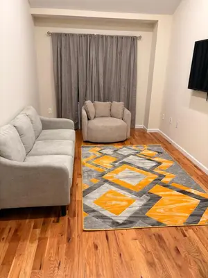 a living room with a couch and a rug at Luxury Apartment near Airport in Newark