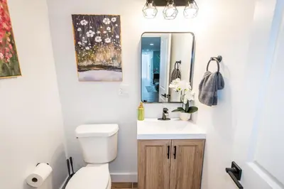 a bathroom with a toilet and a sink and a mirror at Luxury Apartment in Irvington in Irvington