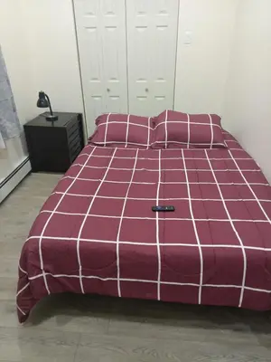 a bed with a purple blanket and pillows at Luxury private room bath WiFi in Troy