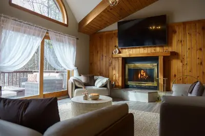 a living room with a fireplace and a tv at Secluded Catskills Cabin , Cozy and Private in Acra