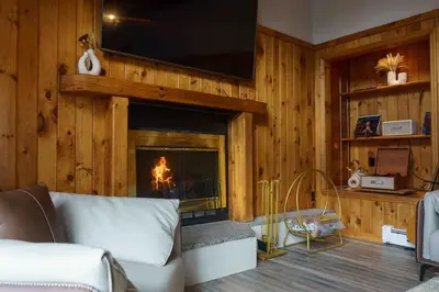 a living room with a fireplace with a tv at Secluded Catskills Cabin , Cozy and Private in Acra