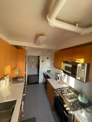 a small kitchen with a stove and a microwave at Manhattan Oasis in Peekskill