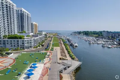 a view of a marina with boats in the water at Private, Cozy Studio in Downtown Stamford, CT in Stamford
