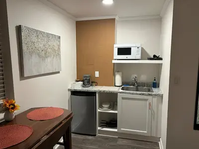 a small kitchen with a sink and a microwave at Private, Cozy Studio in Downtown Stamford, CT in Stamford