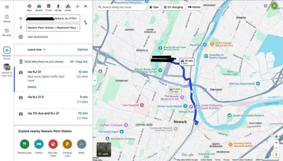 a screenshot of a google maps page with a map at Modern 2BR, King Suite and Free Parking, 30min to NYC in Newark