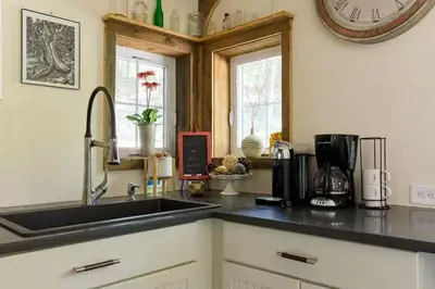 a kitchen with a sink and a clock on the wall at The Arts & Crafts House with Skylights, Deck, Jetted Bathtub in Kingston