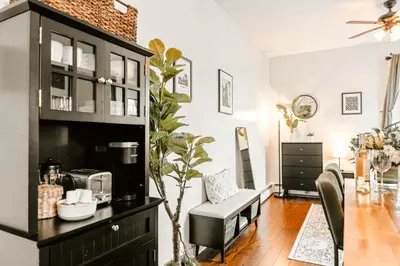 a living room with a black cabinet and a plant at Studio in Little Italy in New Haven