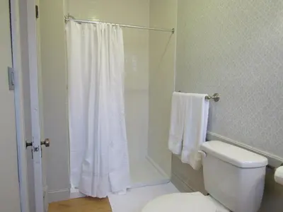a bathroom with a shower curtain and a toilet at Washington Park Inn in Albany