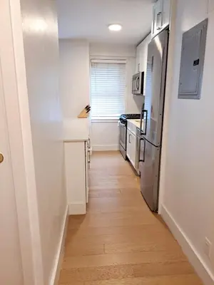 a hallway leading to a kitchen with a refrigerator at Piece of mind in Harlem in New York