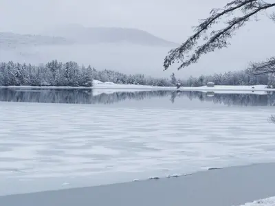 a view of a lake with snow covered trees at Fiber Artist's Studio in Woodstock