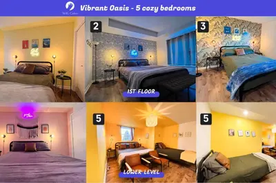 a collage of four pictures of a hotel room at PrivatePool|Hot tub|Sauna|HomeTheater|Backyard in Long Pond
