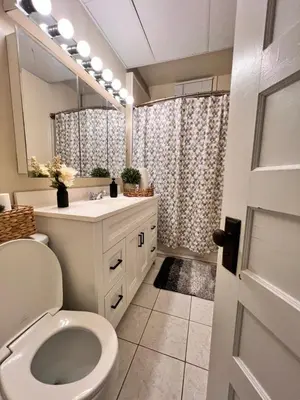 a bathroom with a toilet and a sink and a mirror at PRIVATE ROOM IN SHARED 3 BED - 1 BATH home in Hartford