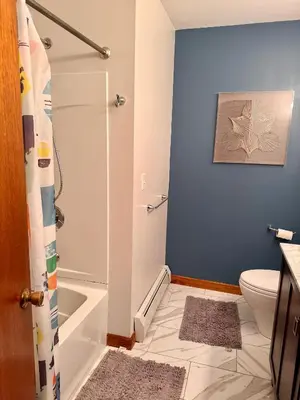 a bathroom with a toilet and a shower at Spacious 4BR Near Beaches WFH Office & Pool in Guilford