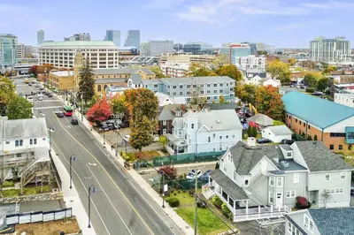an aerial view of a city with buildings and a street at Harbor Haven, Apt #2, 2 BR/1BA in Stamford