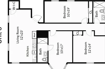 a black and white floor plan of a house at Harbor Haven, Apt # 3, 3BR/2BA in Stamford
