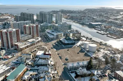 an aerial view of a city with a river and buildings at Harbor Haven, Apt #4 - 2BR/1BA in Stamford
