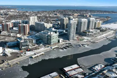 an aerial view of a city with a harbor at Harbor Haven, Apt #5, 3BR/2BA in Stamford