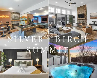 a collage of photos of a living room with a pool table at Lux Camelback Summit: 5br, Hot Tub, Game Room in Tannersville