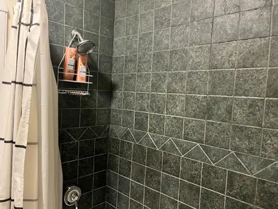 a bathroom with a shower with green tiles at Stunning 5BR at Hunter and Windham w Oversized Deck, 5 Acres, and Mountain View in Jewett