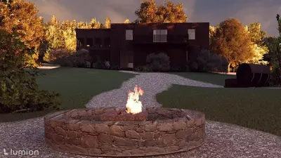 a fire pit in a yard in front of a building at The Goldenrod - Catskills Mountain Retreat