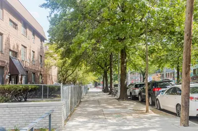 a sidewalk with trees and cars parked on a street at Blueground Southside rooftop nr McCarren Park NYC-2012 in Brooklyn