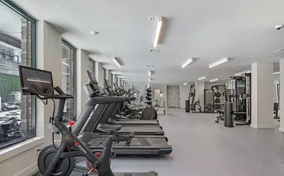 a gym with rows of treadmills and a row of exercise bikes at Blueground Williamsburg rooftop nr Domino Park NYC-2204 in Brooklyn