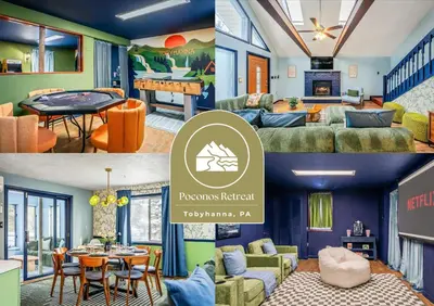 a collage of four pictures of a living room at Movie Theater Game Room Resort Amenity Access in Tobyhanna