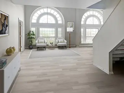 a living room with two chairs and a fireplace at Landing Stylish 1BD Gym in New Haven
