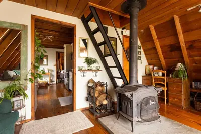 a living room with a wood stove in a house at Catskills Aframe, Water View, Goat Sanctuary in Napanoch