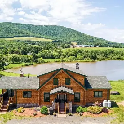 Waterfront Catskills Log Cabin with Hot Tub & Views