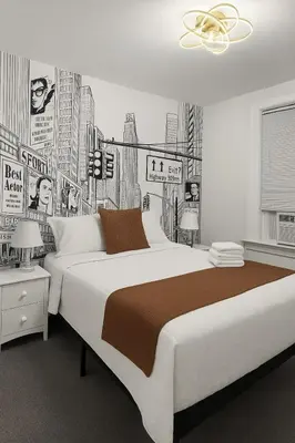 a bedroom with a large bed with a drawing of a city at Renovated 3BR - Near Times Square - Family Groups in West New York