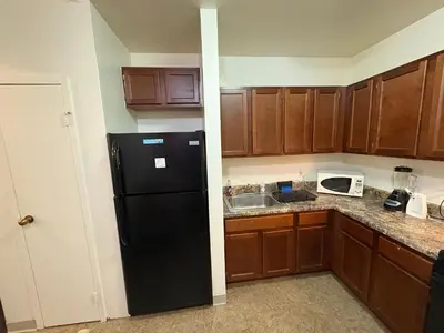 a kitchen with a black refrigerator and a sink at Inner City Charm in New York